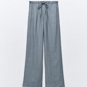 ZARA | Slate Blue Drawstring Lightweight Wide Leg Crinkled Beach Pants Small